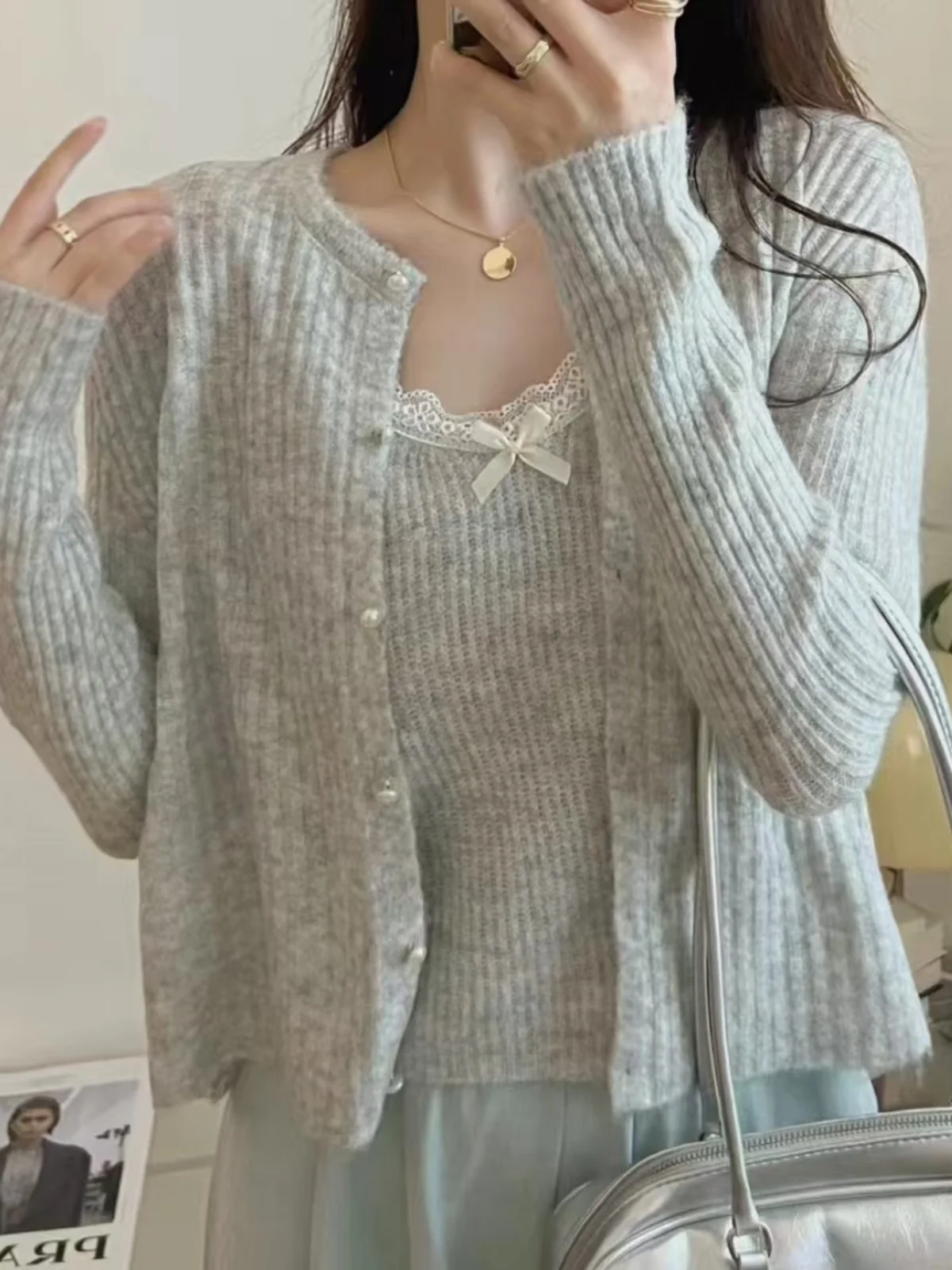 

Sweet Knot Knitted Cardigan Women's Faion Slim Fit Korean Sle Two-Piece Set ort Sve round Ne Long Sve