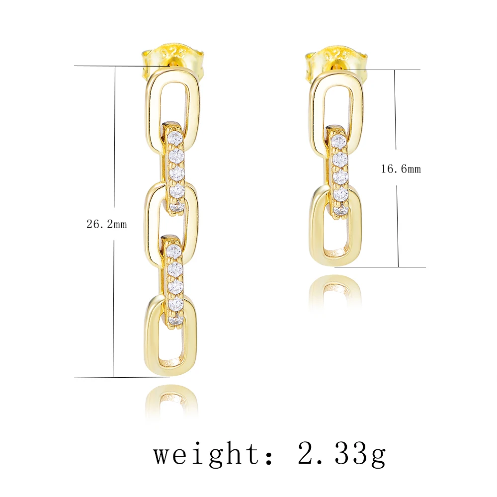 925 Sterling Silver 14K Gold Plated Interlock Chain CZ Drop Earrings Minimal Asymmetric Daily Jewelry Gift For Women