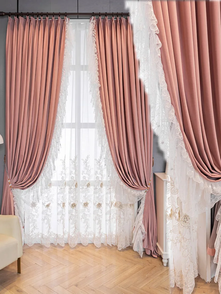 Custom Elegant French princess wedding bedroom pink thick flannelette velvet cloth blackout curtain tulle drape C1842