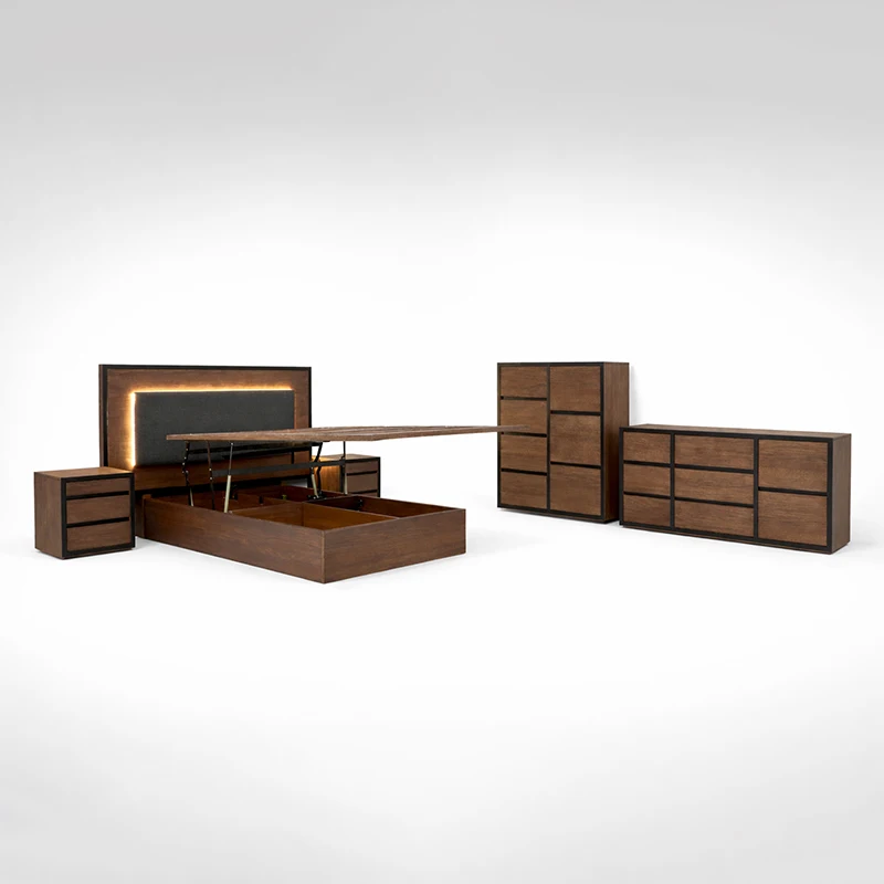 sg-American Simple Solid Wood Bedroom Sets Adjustable Double Bed Home Storage Wooden Frame king Size Complete Bedroom Furniture& - view 2