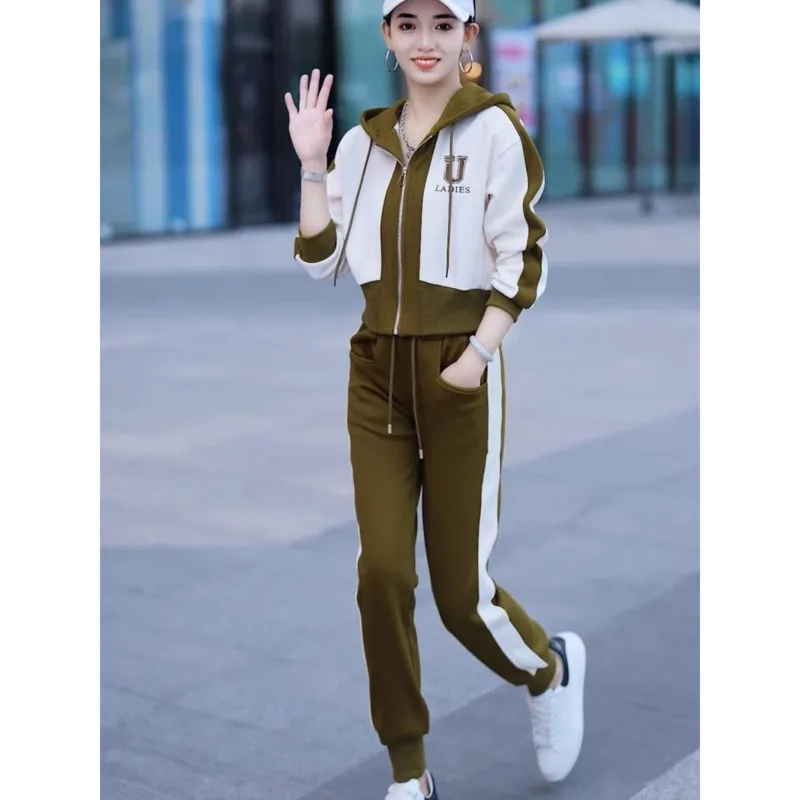 Women\'s Fashion Casual Sports Suit 2023 Spring Autumn New Cardigan Hooded Tops Sweater Coat And Pants 2 Two Piece Set For Women