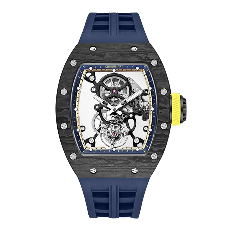 CRONUSART Orologio da uomo Tourbillon Tonneau Orologio da polso meccanico Cassa in fibra di carbonio Cinturino luminoso in gomma fluorurata Versione limitata