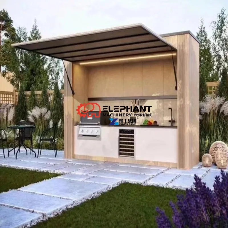 Outdoor Kitchen Island with A Propane Grill Pizza Oven Multi-functional Rotating Grill Built-in Refrigerator Natural Granite