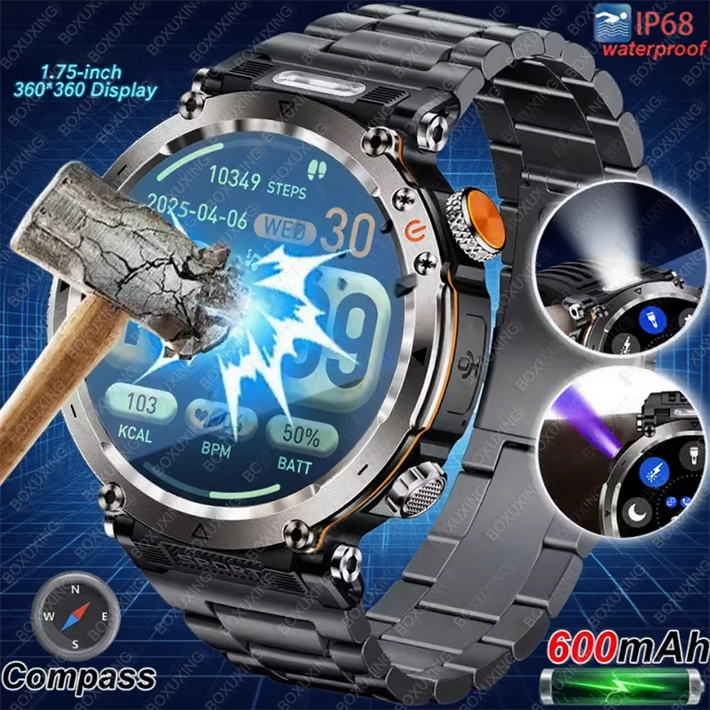 

Новые уличные умные часы для мужчин, 600 мАч, светодиодный фонарик, умные часы, компас, Bluetooth-вызов, частота сердечных сокращений, IP 68, спортивные умные часы, новинка 2025 года