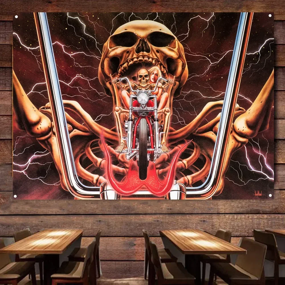 

Skeleton Rider Motorcycle Flag Vintage Wall Decor Poster Car Painting For Garage Man Cave Bar Club Pub Best Gift for Cyclists