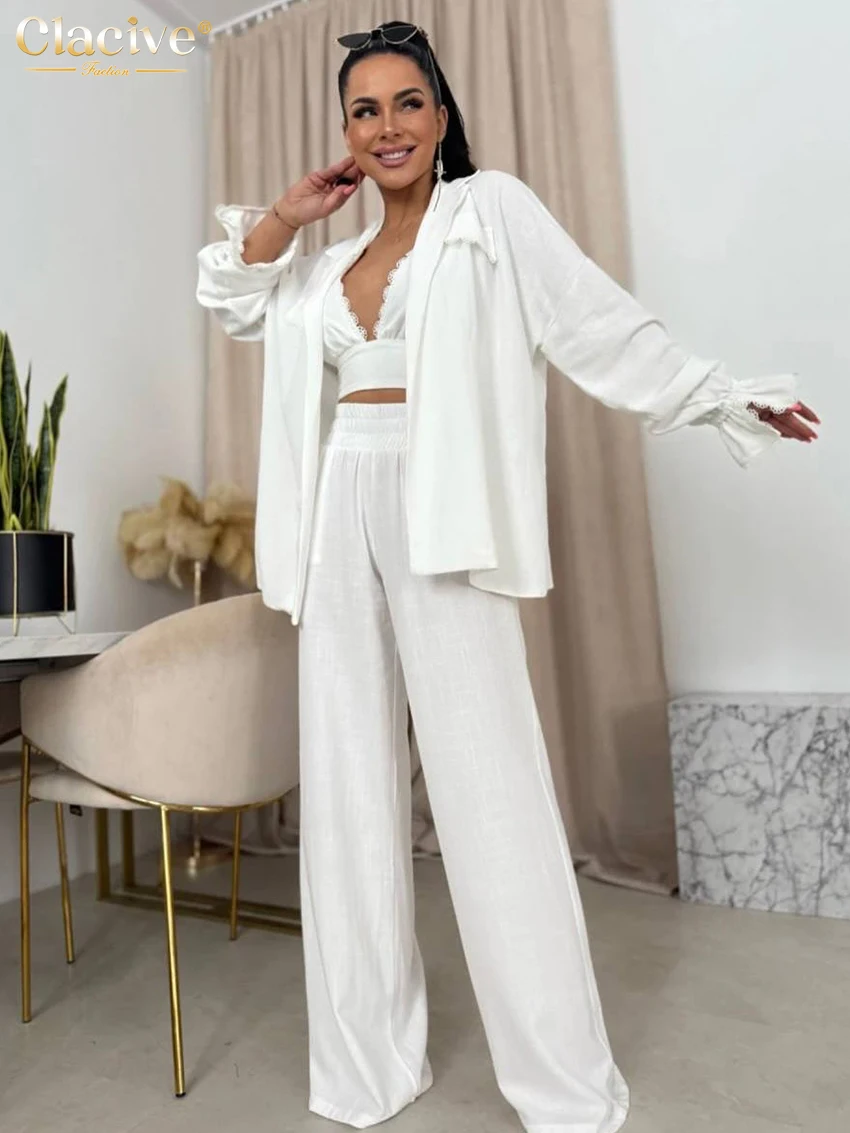 

Clacive Fashion Loose White Cotton Women 3 Pieces Set 2025 Elegant Long Sleeve Blouse + Tank Top With High Waist Wide Pants Set