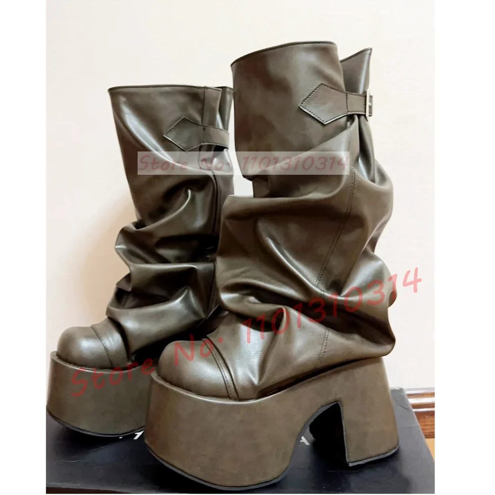 

Retro Platform Mid Calf Boots Women Pleated Round Toe Chunky High Heel Punk Boots Female Buckle Strap British Sytle Slouchy Shoe