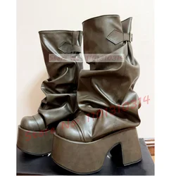 Retro Platforma Mid Calf Boots Women Pleated Round Toe Chunky High Heel Punk Boots Female Buckle Strap British Sytle Slouchy Shoe