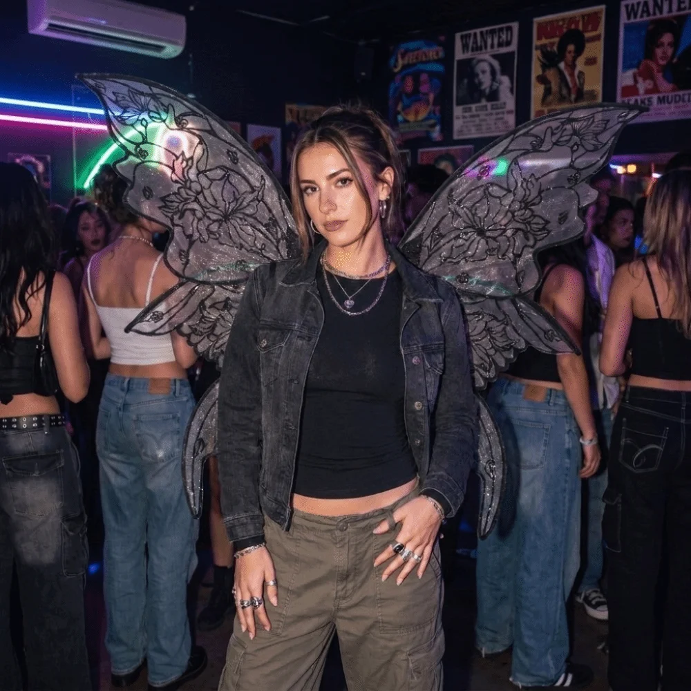 Golden-Stamped Glitter Butterfly Wings Gradient Floral Print Iridescent Sheer Mesh Fairy Elf Wings Lightweight Adjustable
