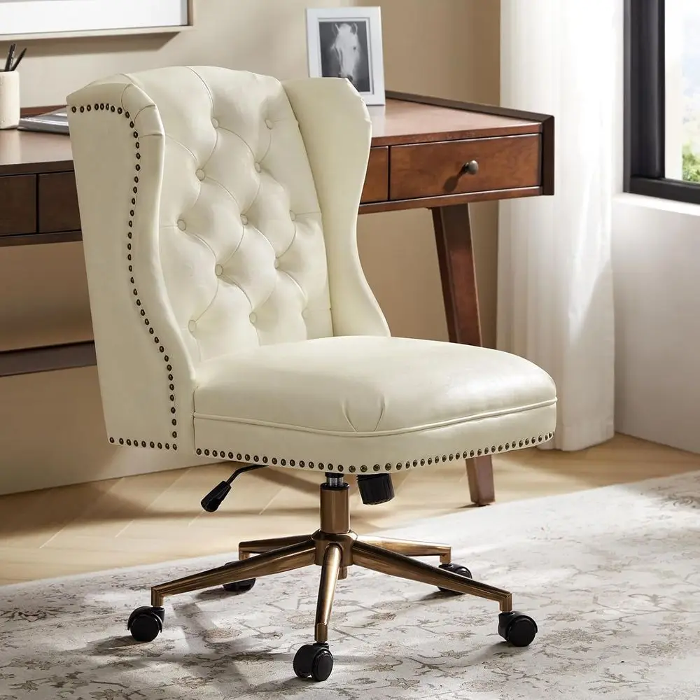 

Кожаное настольное кресло цвета слоновой кости с открытой спинкой и пуговицами, регулируемое поворотное кресло для дома или офиса