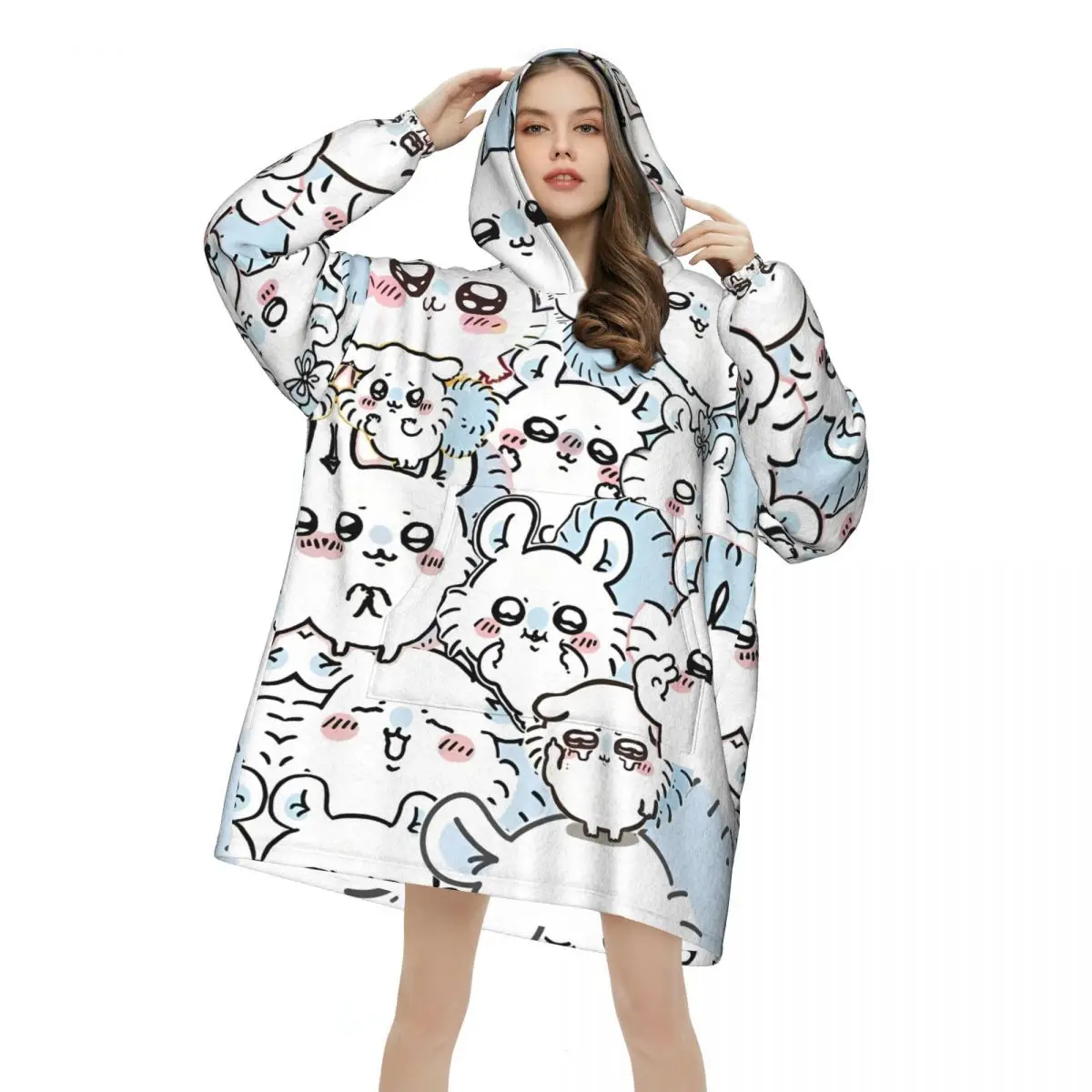 

Chiikawa Hachiware Usagi Oversized Blanket Hoodie Sweatshirt Long Fleece Hooded Wearable Blanket with Large Pocket for Women Men