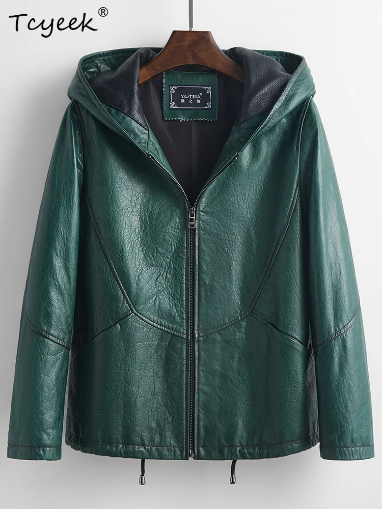 Tcyeek jaqueta de couro feminina de pele de carneiro genuína primavera outono mãe com capuz manga comprida jaqueta de couro curto chaqueta cuero mujer