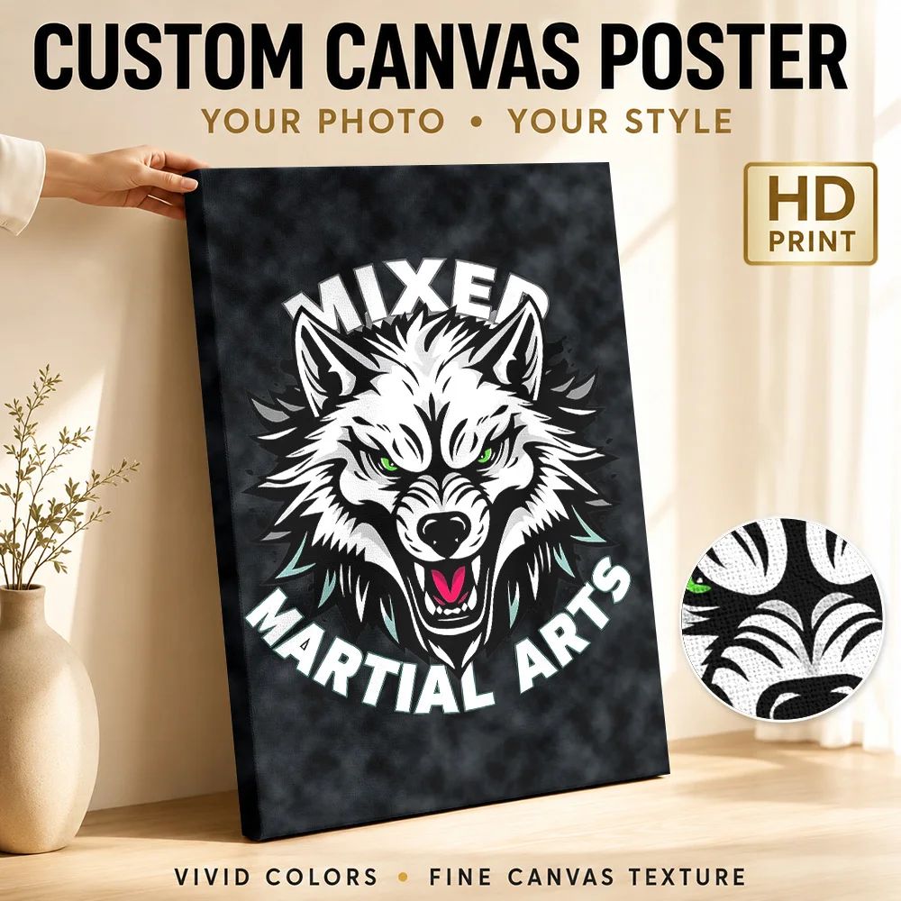 Mixed Martial Arts Wolf, MMA Gym Canvas Painting Poster Customized Photo Japanese Ink Wall Art for Bedroom Decor Ready to Hang