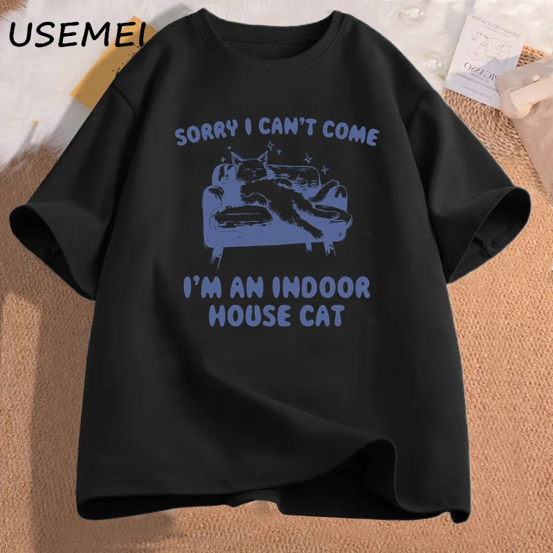 Sorry I Can't Come I'm An Indoor House Cat T-Shirt Vintage 90s Sleeping Introvert Kitten T Shirt Women Funny Cat Graphic Tshirt