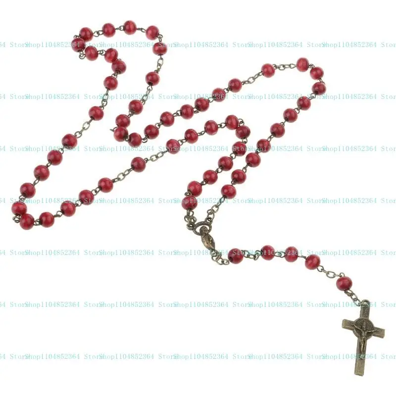 Natürliche Holzperlen für Kreuz-Anhänger-Halskette, christliche Rosenkranz-Halskette, handgewebte Halskette, Jesus, katholischer religiöser Jude – Detail 3