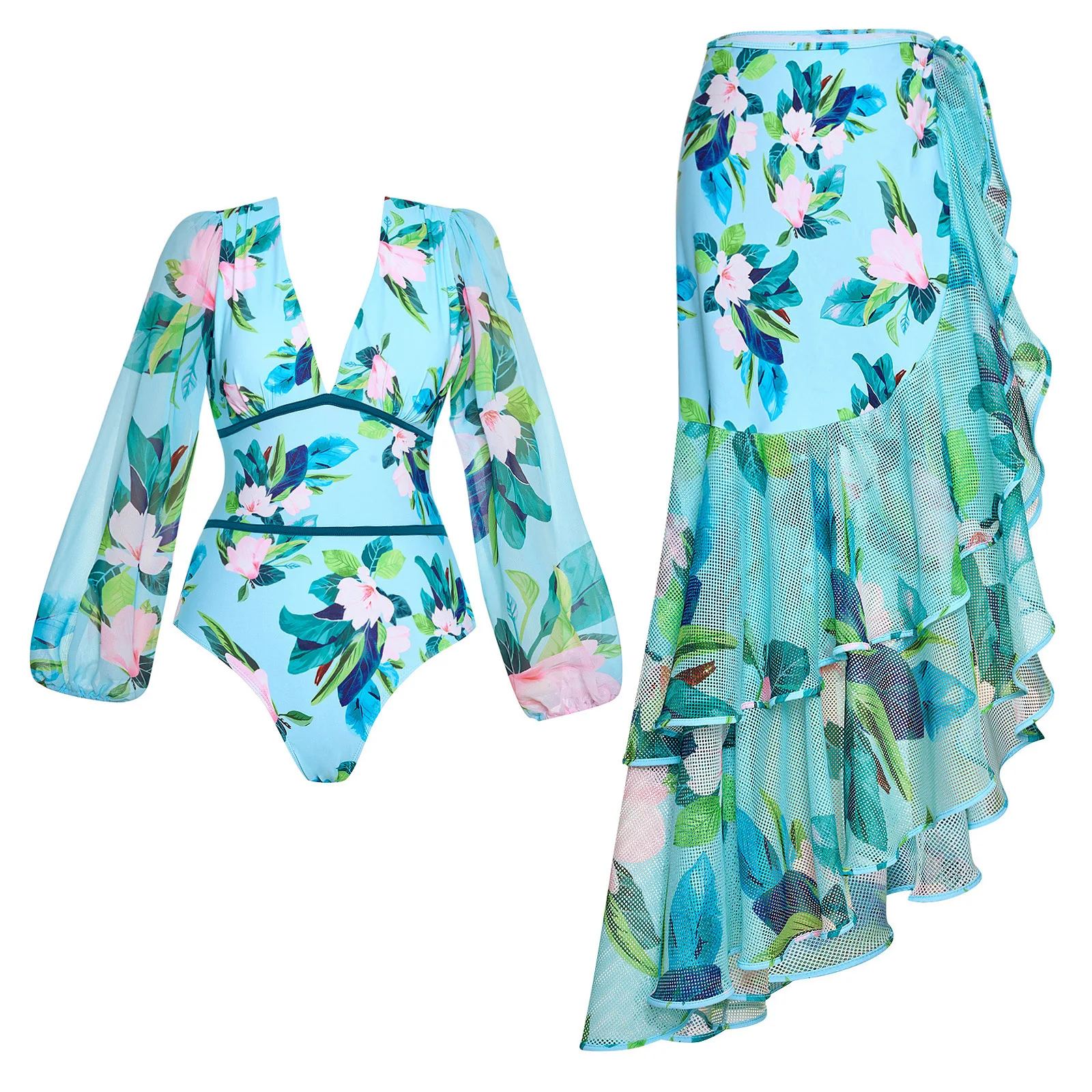 

Women Swimwear Blue Floral Print Swimsuit Two-piece set Summer Print Bodysuit Bikini Set Beach Style Wear Maxi Dress Skirt