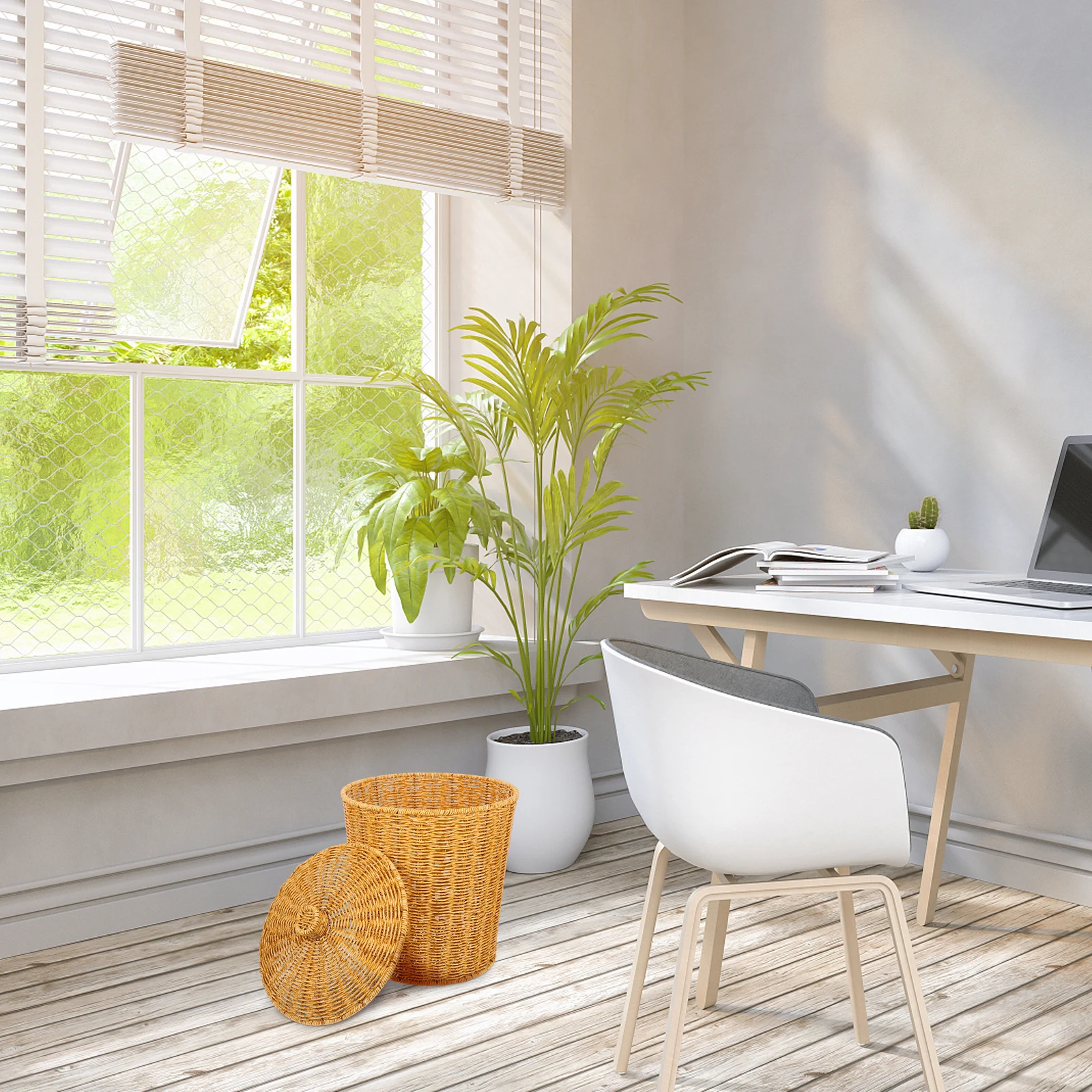 

Rustic Trash Can Plastic Sundries Basket Imitation Rattan Woven Storage Bin Bedroom Laundry Organizer Desktop Holder