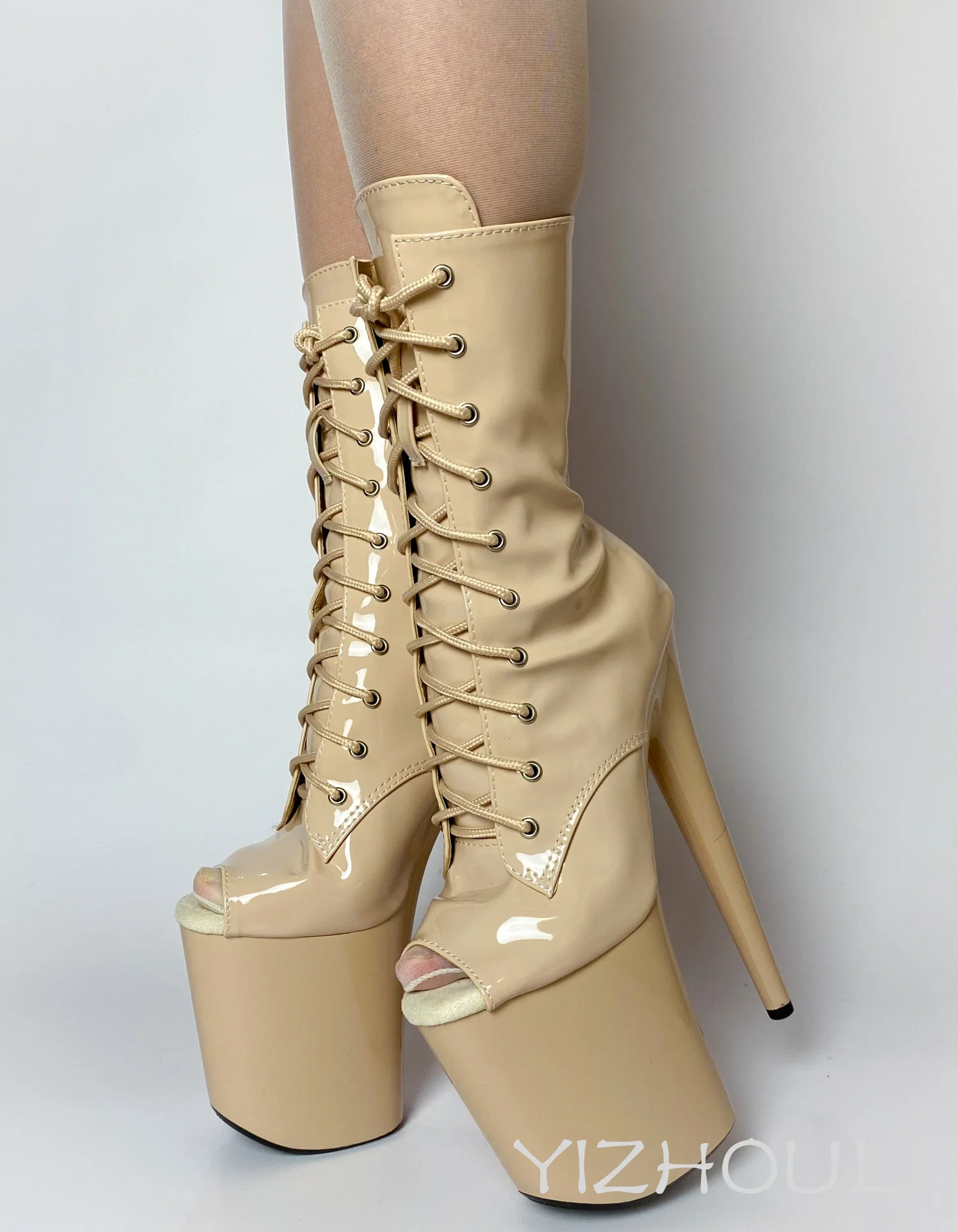 

Khaki open-toed sexy knight heels suitable for banquet stage boots, 15-23 cm high heel options, performance boots