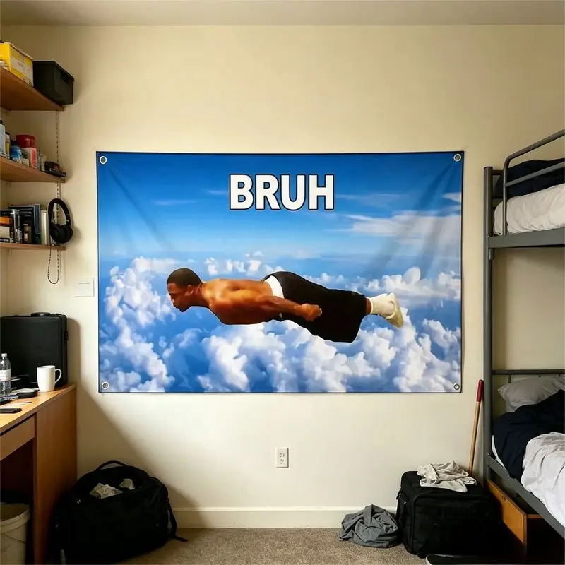 VIKAMA BRUH Flying Man Meme Wall Tapestry Blue Sky Cloud Funny Internet Joke Humor College Dorm Trendy Decor Lovely Gift Home