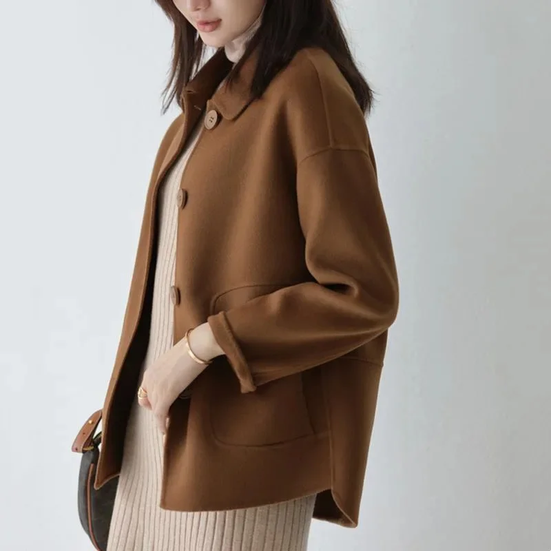 Autumn Trendy Brown Wool Coats Women Korean OL Basic Short Jackets Female Casual Solid Color Turndown High Quality Coat Overcoat