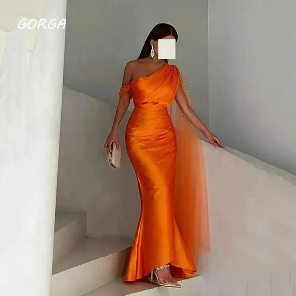 

GORGA Orange Evening Dresses Mermaid One Shoulder Saudi Arabia Formal Dress With Tulle Warp Women Prom Party Gowns 2023