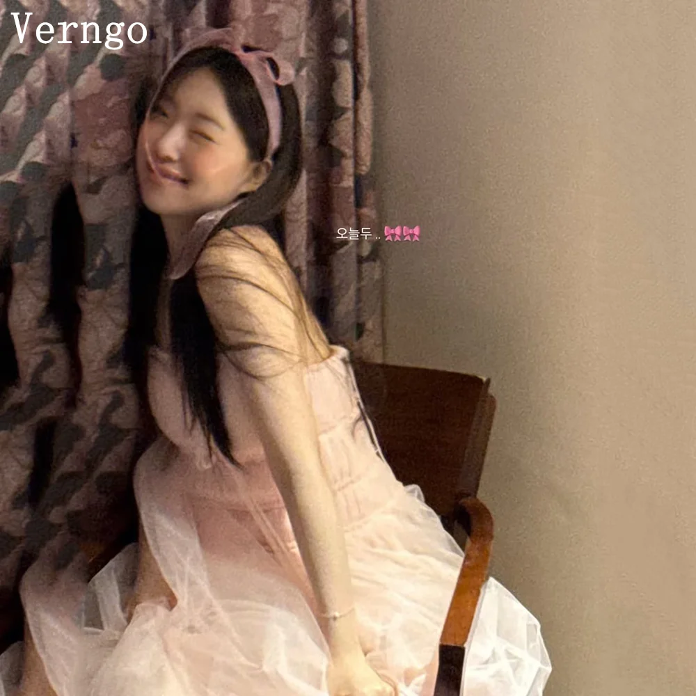 

Verngo Fairy Peach Pink Tulle Evening Dress Strapless A Line Pleated Prom Dresses Gaceful Korea Grauaton Desses Custmized