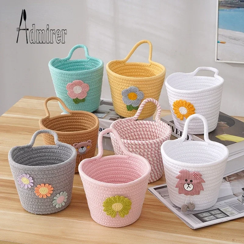 1pc Cotton Thread Lovely Woven Basket Punch Free Wall Mounted Bag Kitchen Entrance Sundries Organizador