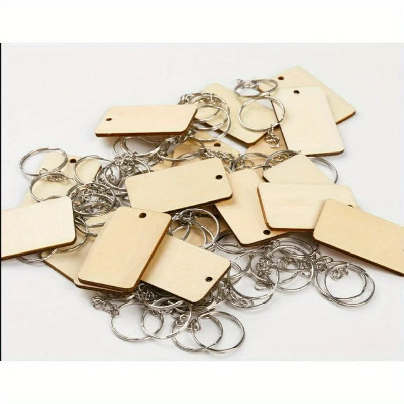 1 Box/300pcs Rectangular Cut Wood Slice Keychain Wooden Tag, for DIY Wooden Tag Material Key Pendant Making Accessories