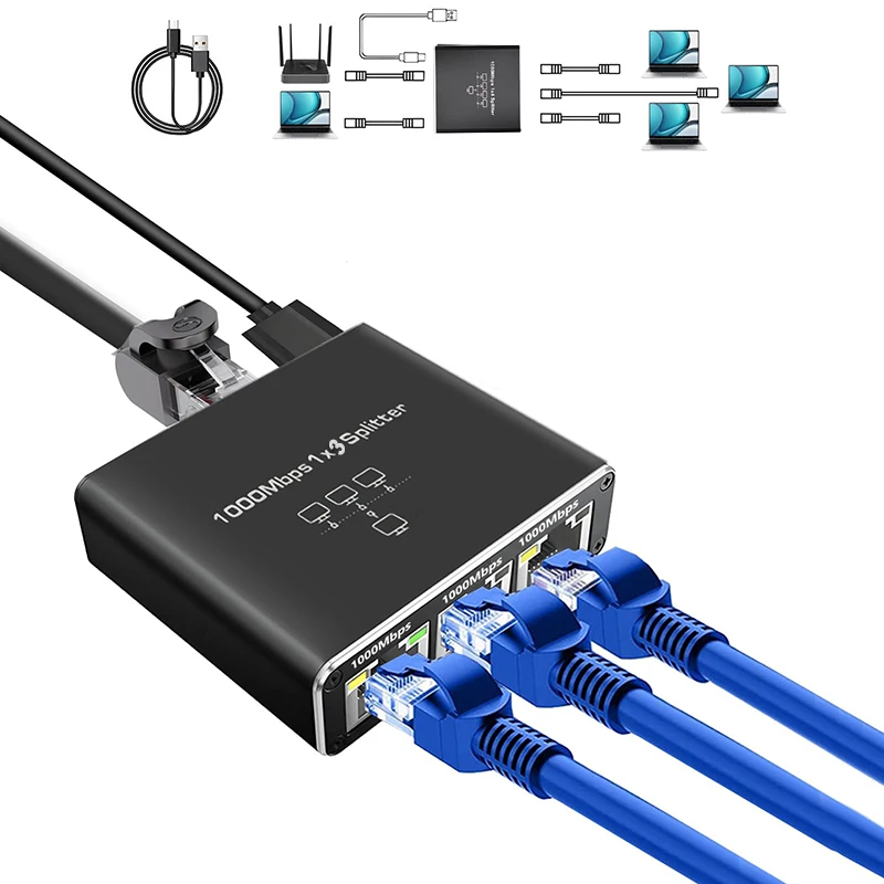 Ethernet Splitter 1 To 3 1000mbps Internet Lan Rj45 Either Network Adapter Support High Speed Simultaneous Networking With Cable