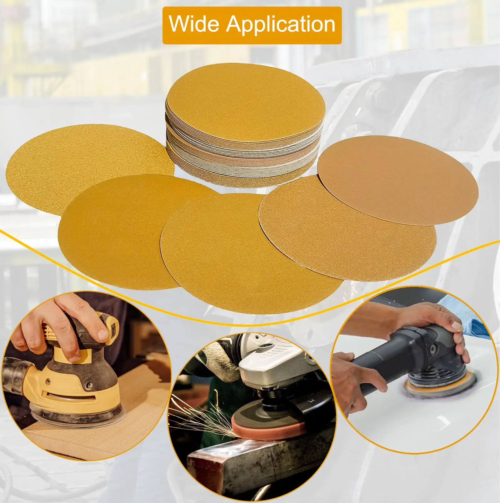 Kit di carta abrasiva in oro PSA DA 6 pollici 50 pezzi 80-400 Grit Hook & Loop per levigatrice DA levigatrice vernice automobilistica lavorazione del legno legno metallo