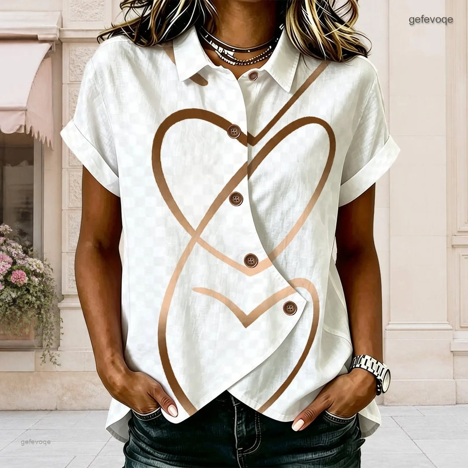 Women White Leopard Print Outline Heart Printed Collared Short Sleeve Button Front Asymmetric Hem Shirt