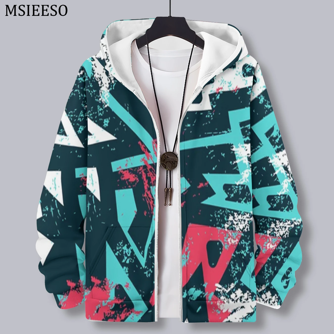 MSIEESO Men Zipper Hoodie Multicolored Geometry 3D Printed Hoodie Casual Male Jacket Hooded Sweatshirt Women Pullover Zip Coat