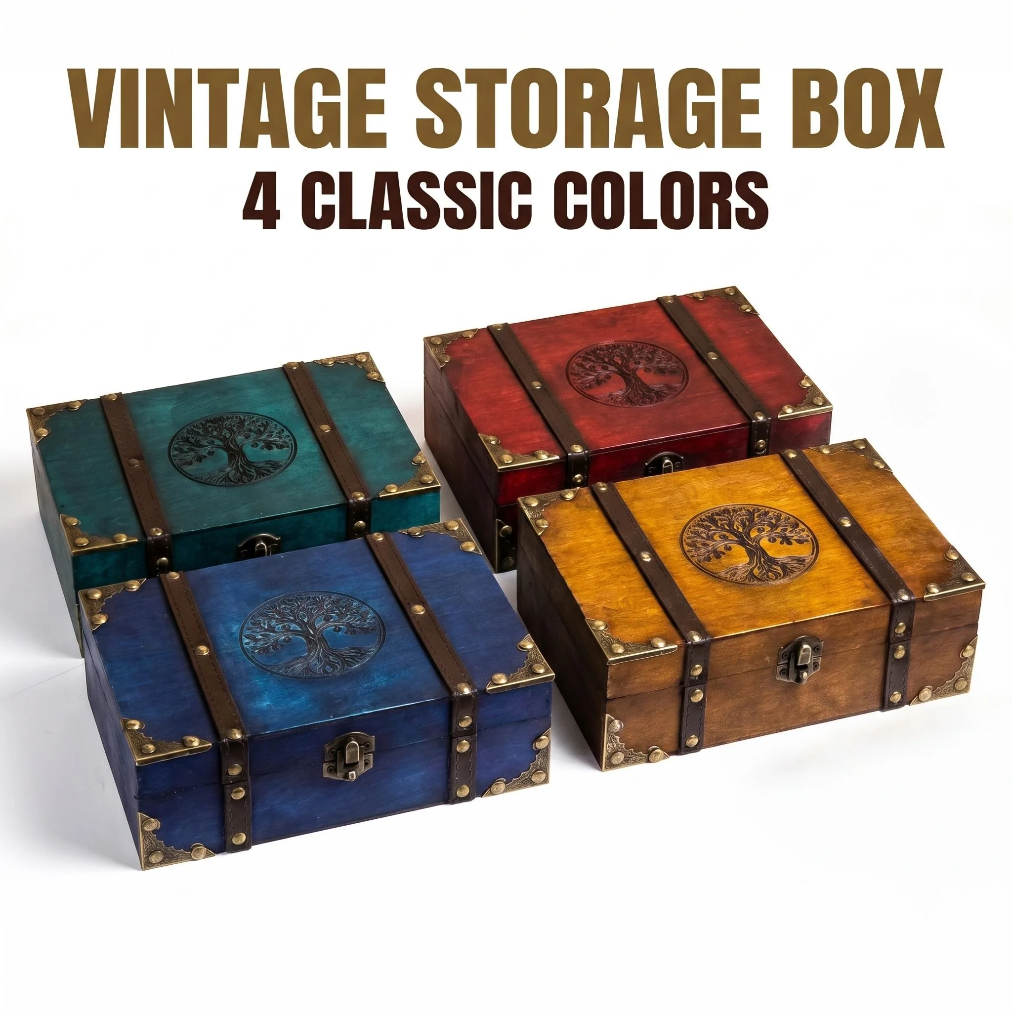 Vintage Storage Box Wooden Treasure Chest Rustic Antique Organizer Pirate Style Jewelry Keepsake Holder Metal Rivets Latch Gift