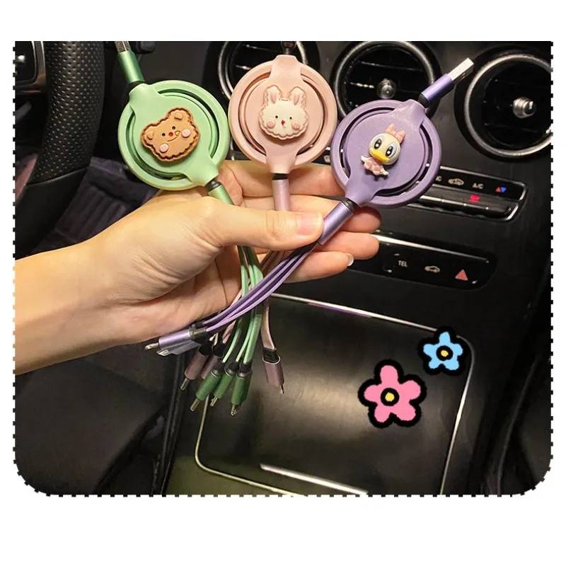 

Car charging cable one to three fast charging cartoon cute telescopic storage multifunctional car Typec data cable