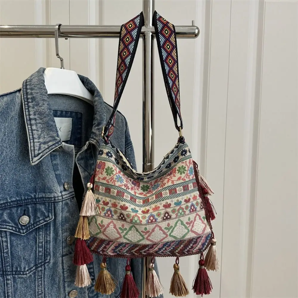 

Casual Cloth Ethnic Style Crossbody Bags Printed Retro Tassel Shoulder Bag Large Capacity Handbag Bohemian Messenger Bag Travel