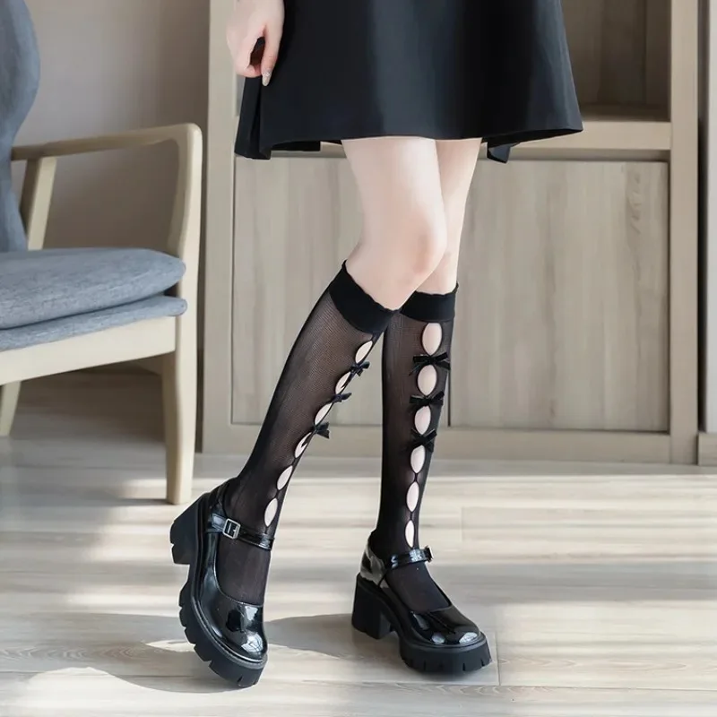 Children Korean Lolita Girls White Black High Long Socks Japanese Style Velvet Bow Knee Sweet Kawaii Cute Mesh Fishnet Stockings