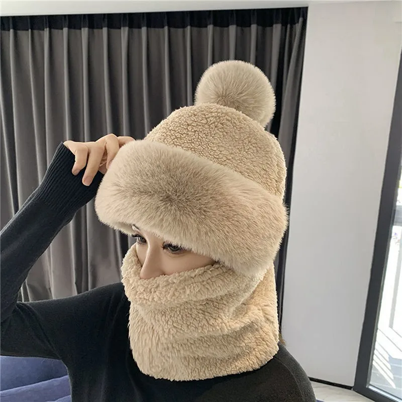 Mulheres inverno cachecol conjunto com capuz de pelúcia pescoço quente ao ar livre esqui à prova vento chapéu grosso pelúcia fofo gorros ciclismo boné