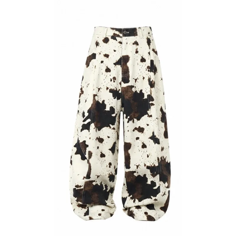 2026 Spring Autumn American Retro Cow Print Cargo Pants For Women Lazy Relaxed Loose Curved Casual Fashion Long Trousers