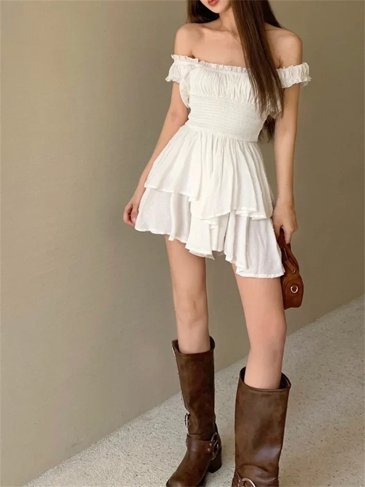 White Off Shoulder Short Sleeved Vest Dress for Women Summer Sweet Spicy Pleated Ruched Waist Boho Short Dresses Tank Dress