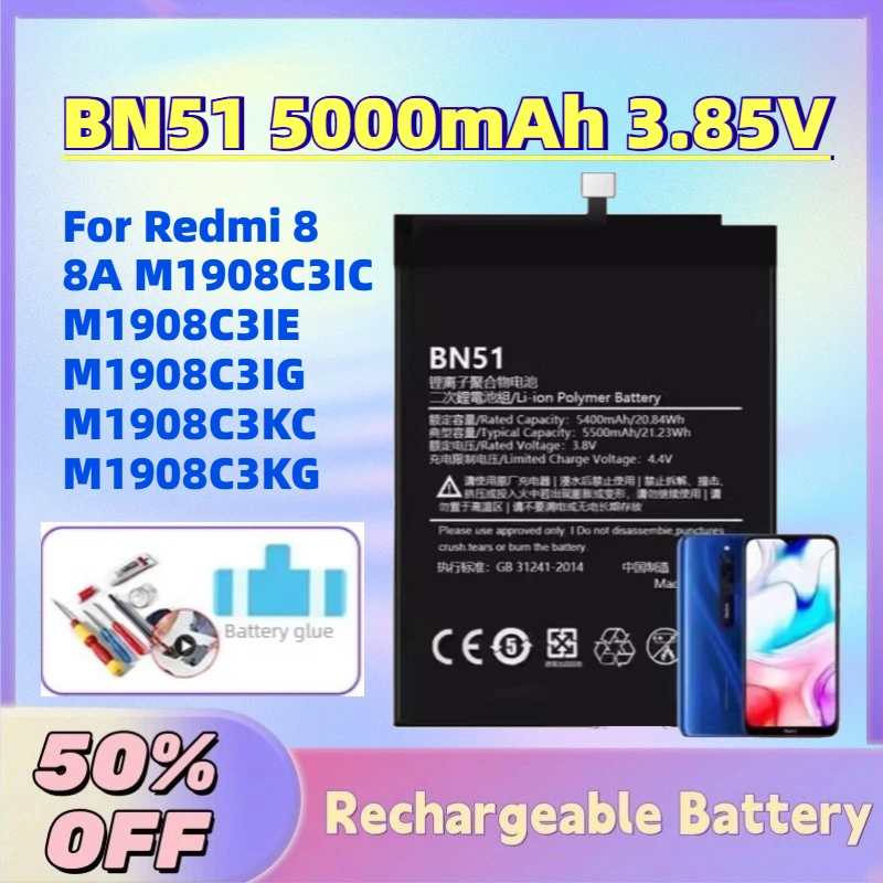 

Large Capacity New BN51 5000mAh 3.85V Mobile Phone Battery for Redmi 8 8A M1908C3IC M1908C3IE M1908C3IG M1908C3KC M1908C3KG