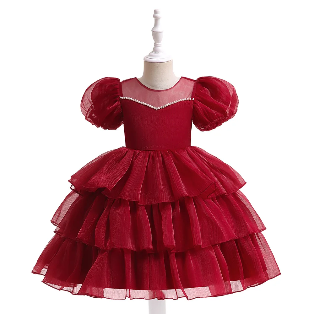 

2023 Christmas Kids Princess Dress For Girls Birthday Party Dresses Puff Sleeve Cake Children Elegant Flower Girl Wedding Dress