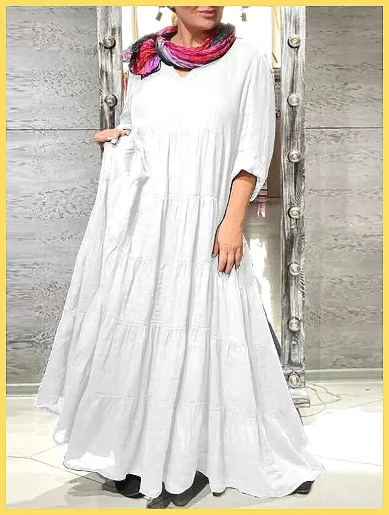 New Summer Women's Sexy V-Neck Long Sleeve Maxi Dress, Solid Color Loose Casual Floor-Length Dress