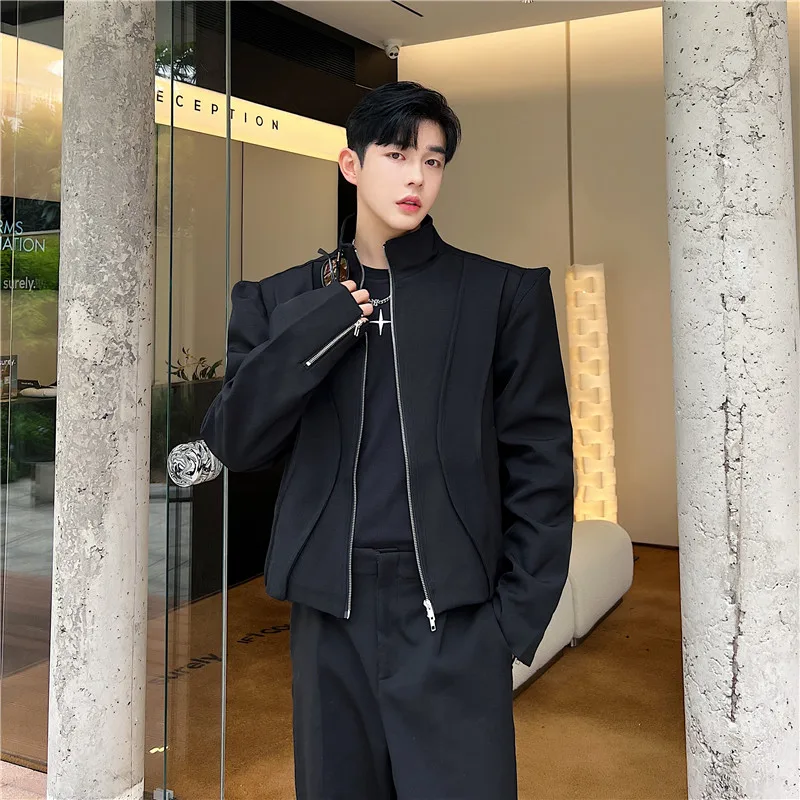Spring Design Short Men\'s Jacket Black White Color Block Shoulder High Street Style Casual Korean Version Anti-Wrinkle Polyester