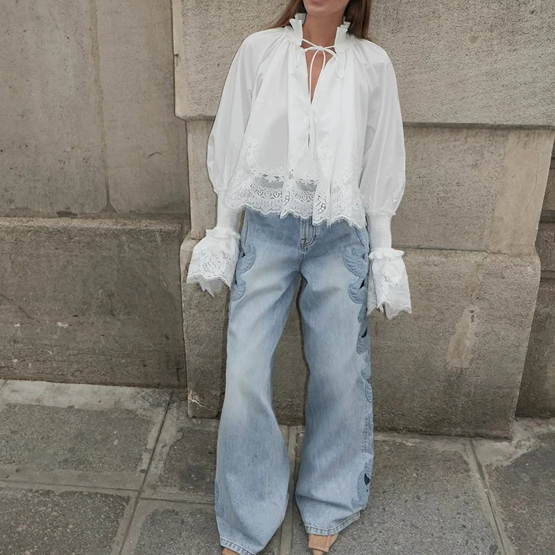 Elegant Loose Ruffles See-through Women's Blouse Autumn New Lace-up Commute Tops Fashion V-neck Solid Color Lace Spliced Shirts