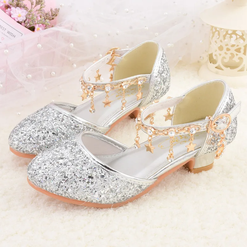 Size 25-38 Girls Princess Student Sandals 2025 New Kids Shiny Crystal Dress Party Wedding Tassel Buckle Children High Heels