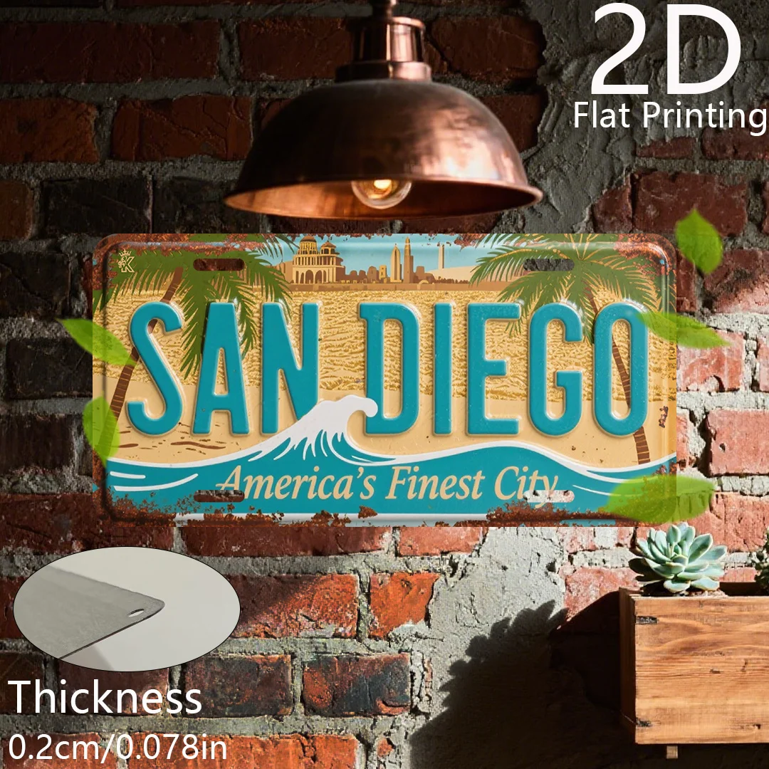 Placa de Alumínio 2D Vintage Californiana com Tema de Praia, Palmeira e a Inscrição 'SAN DIEGO, A Melhor Cidade da América', Arte de Parede Decorativa