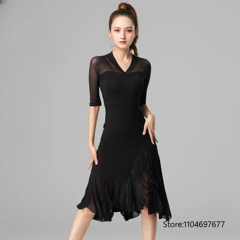 

Женское платье для латиноамериканских танцев, черное, для взрослых женщин, для продвинутых танцоров, профессиональных тренировок, самба, с V-образным вырезом