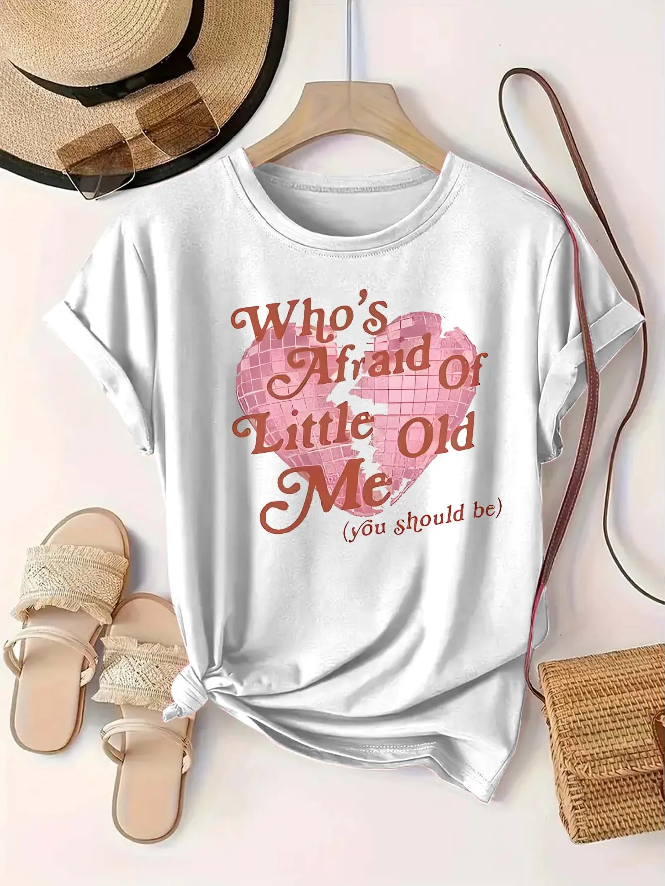 

Plus - Size Short Sleeve T - Shirt Women's Oversize Clothing: “Who's Afraid of Me” Broken Heart Graphic