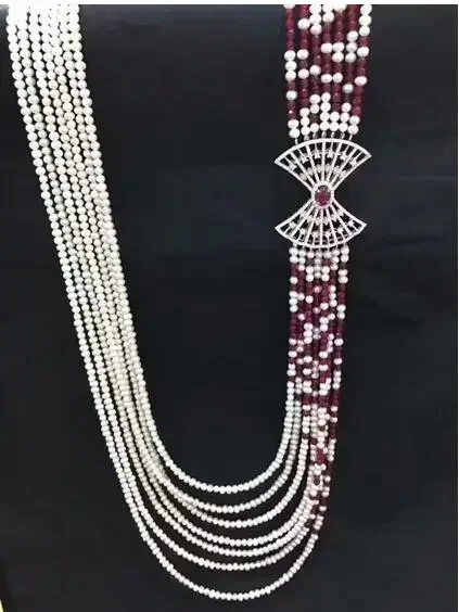 

natural 7rows white freshwater pearl red Garnet micro inlay zircon accessories necklace fine jewelry 20inch