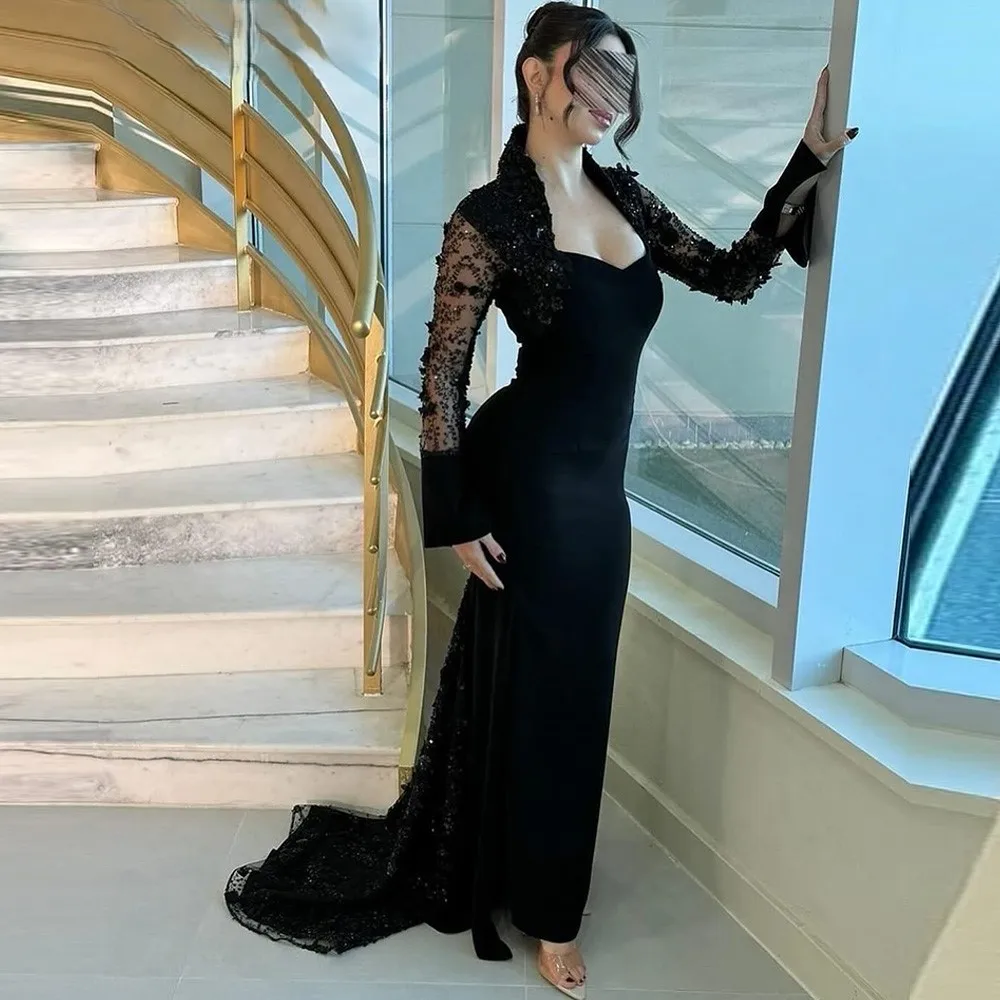 

Black Jersey Long Sleeves Evening Dress Trumpet / Mermaid Special Party Gowns Customized Square Collar Prom Dresses with Lace